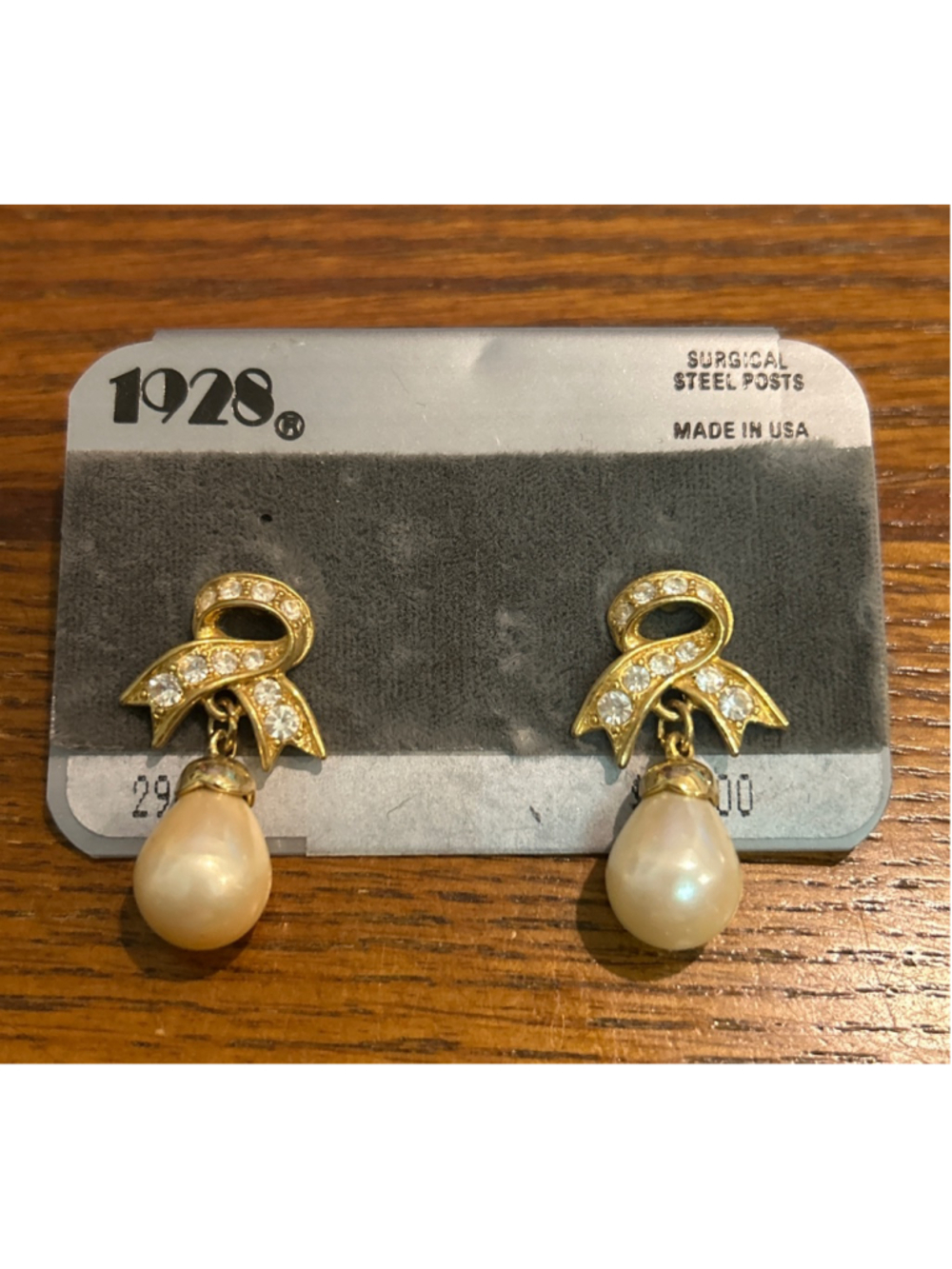 Women's 1928 Gold Tone Ribbon Pearl Drop Earrings surgical steel posts
